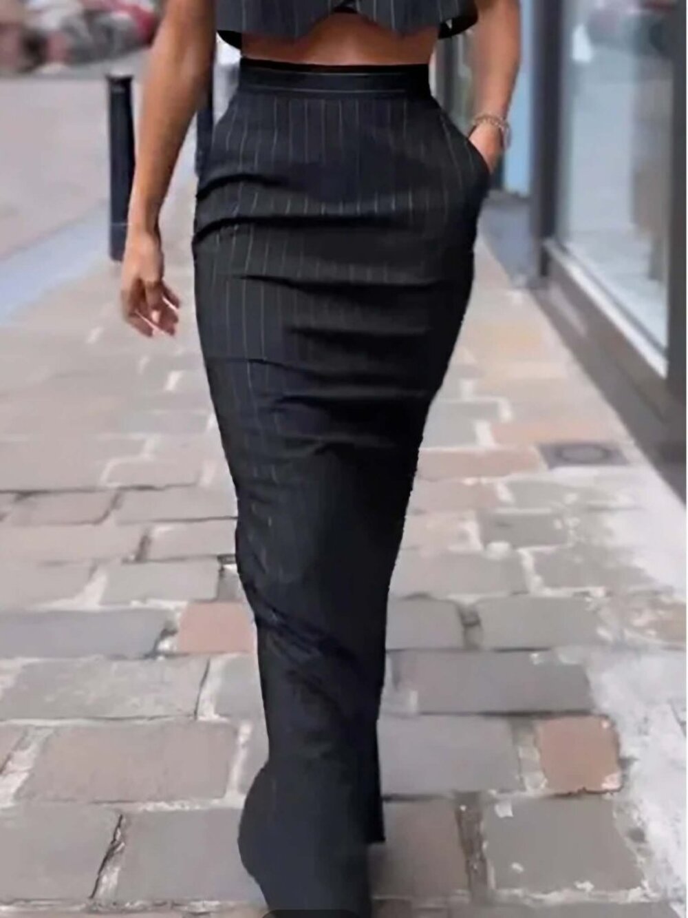 Pinstripe Button Crop Two Pieces Skirt Set - Picture 4 of 5